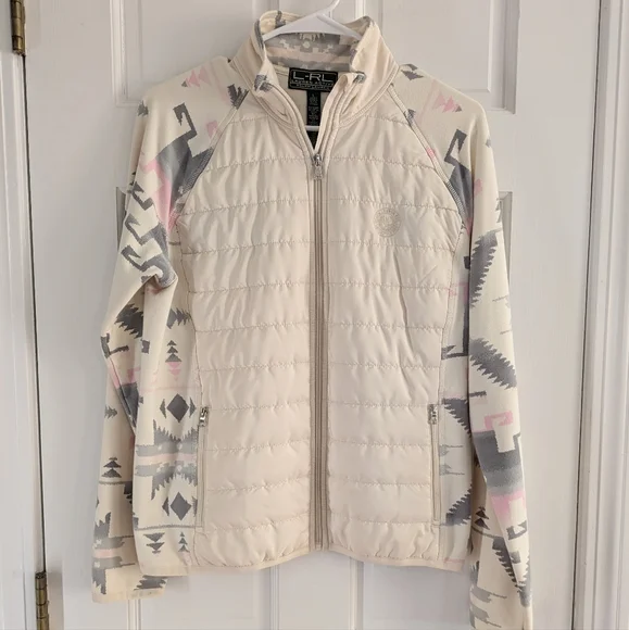 Ralph Lauren Aztec Western Preppy puffer Jacket pink and gray size L athleisure - Picture 1 of 9